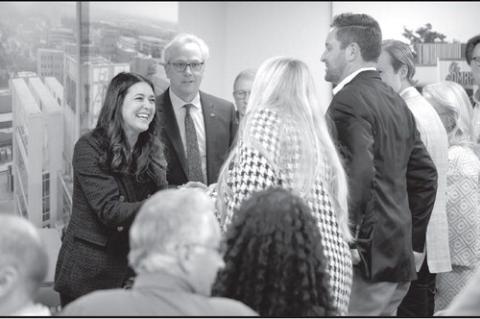 U.S. Rep. Stephanie Bice of Oklahoma City and OMRF President Andrew Weyrich, Ph.D., meet with members of the McCasland Foundation during an open house for OMRF’s new Center for Biomedical Data Sciences on April 16, 2025. The Duncan-based McCasland Found
