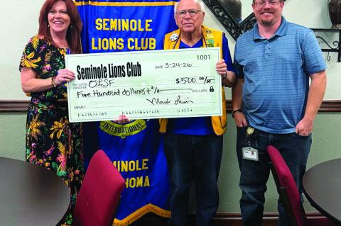 The Seminole Lions Club donated $500 to the Oklahoma Lions Service Foundation to help with office building repairs. Pictured l-r: Marie Burns Executive Director of Foundation, Les Walker, Club Secretary and Mark Lewin, Club President. (Courtesy photo)