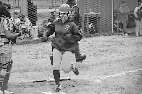 Bowlegs Lady Bison Cira Parsons runs in for the score Thursday evening. Staff Photo by Bill Anderson