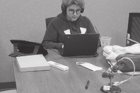 	Who needs a desk when you’ve got a recliner footstool? Eleventh grade student Mya Merritt likes to switch up her study spots.