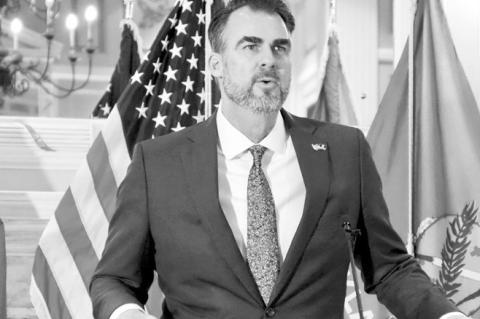 Gov. Kevin Stitt said he plans to push for cuts to Oklahomans’ personal income and corporate taxes. Stitt speaks to reporters at a news conference Jan. 29 in the state Capitol Blue Room in Oklahoma City. (Photo by Nuria Martinez-Keel/Oklahoma Voice)