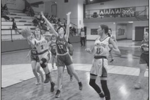 Bowlegs Lady Bison Trinity McCoy fights her way to the basket against Butner Tuesday night.