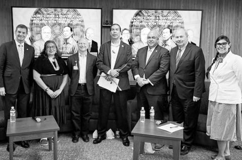 Mark Doescher, Vanessa Hiratsuka (Diné/Winnemem Wintu), Chris Tall Bear (Southern Cheyenne), Jeff Fife (Muscogee (Creek) Nation) and Tana Fitzpatrick (Sioux/Crow/Ponca/Chickasaw) were the panelists in a panel on tribal sovereignty and research held June 