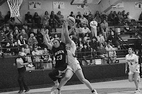 Strother Lady Yellowjacket Hayden Appleton flies in for the shot while being blocked by Paden defender. Staff Photo by Bill Anderson