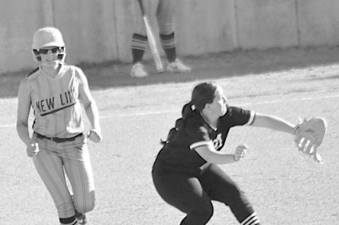 New Lima Falconette Jaylee Ipock beats the throw at first base Thursday. Staff Photo by Bill Anderson