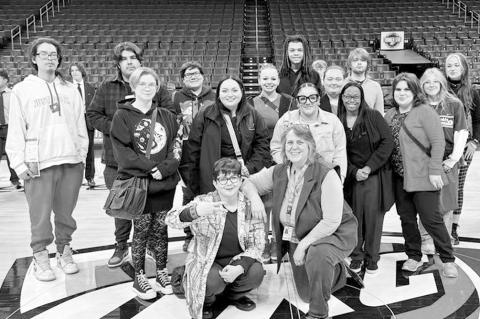 Seminole State College students and Student Support Services/SSS STEM staff pose for a group photo at center court in the Paycom Center during the Thunder Stir career fair on Feb. 24. (Photo provided)