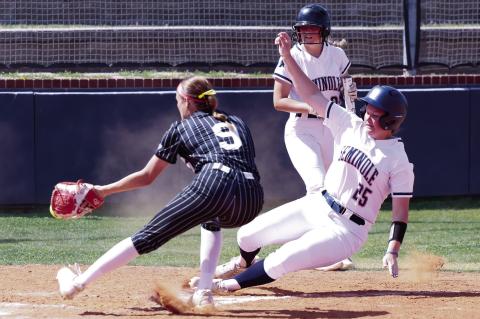 Left: Seminole State Lady Trojan Mckenzie Kauk tries to score on a ball that got past the NOC catcher but was called out on the play. Seminole State won their games Tuesday 2-1 and 9-1 over Northern Oklahoma College-Enid and Thursday games 9-0 and 6-0 ove