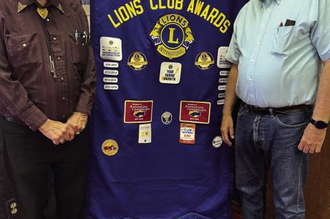 Former Wewoka basketball coach Jim Mathews (right) was the guest speaker at last week’s Wewoka Lions Club meeting. Also pictured is Lions Secretary Ferril Williamson. (Courtesy photo)