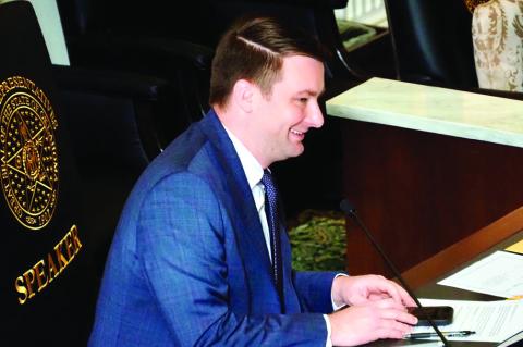 Oklahoma’s Speaker of the House Kyle Hilbert, R-Bristow, speaks during a swearing-in ceremony Nov. 20, 2024, in the House chamber of the Oklahoma State Capitol. (Photo by Emma Murphy/Oklahoma Voice)