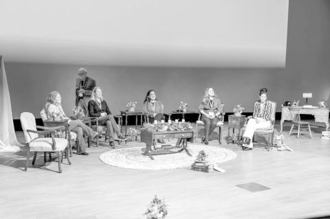 Panelists discuss writing skills at the Nov. 14, 2025, Imanoli Writers Conference in the Anoli’ Theater at the Chickasaw Cultural Center in Sulphur, Oklahoma. From left, Kate Hart, Stanley Nelson (walking in background), Meg Gardiner, Sarah Elisabeth Sa