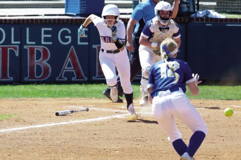 Seminole State Lady Trojan Jentrie Gibson heads toward 1st base after putting the ball in play. SSC won the 2nd game 8-0. Couresty Photo by Glen Bryan
