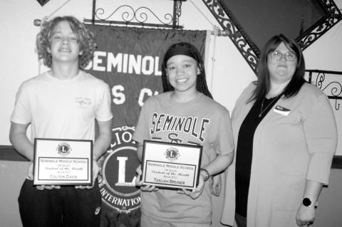 Pictured left are the Seminole Middle School Lions Students of the Month, Colton Davis and Tasijah Bruner. Also pictured is Amy Bagwell. (SMA photo by Ginger Cummins)