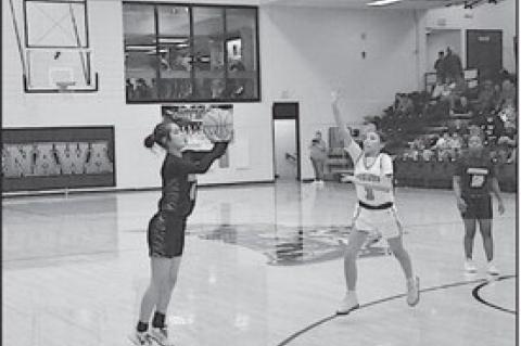 Wewoka Lady Tiger Emma Slovacek shoots the ball from three-point range Monday night. Staff Photo by Bill Anderson