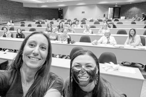 Seminole State College Business and Industry Training Coordinator Talina Lee (right) experiences a hands-on demonstration of a charcoal mud face mask, led by Natural Remedies class instructor Jacqueline Bourne (left) on May 15. The community course, “Na