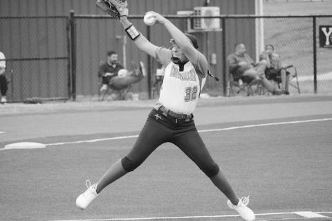 Courtesy Photo by Jeanne Gosa Varnum Lady Whippet Kapri Rodriguez delivers the fastball against Roff.