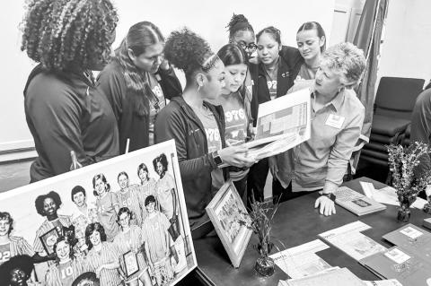 Above left, Former Seminole Junior College Belles Head Coach Dixie Woodall visits with former Baseball Head Coach Lloyd Simmons at a reception prior to the 50th anniversary celebration of the Belles’ 1976 NJCAA Championship held Feb. 16. Woodall led the