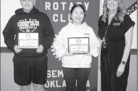Pictured left are Braxton Dobson and Lexi Rodriguez, Seminole Middle School Rotary Students of the Month for April. Also pictured is Angela Willmett, Assistant Superintendent of Seminole Public Schools. The students were honored at last week’s Rotary Cl