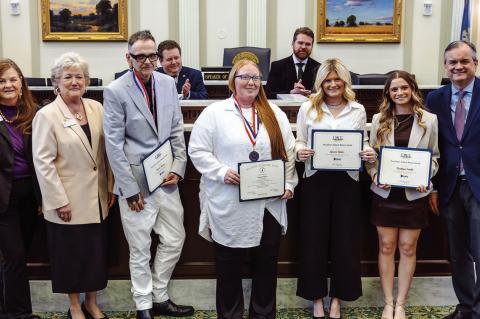 Three local high school students and two Seminole State College students were honored by SSC at the All-Oklahoma Academic Team and OACC Presidents’Tuition Waiver Awards Ceremony at the State Capitol. L-r: OACC Executive Director Dr. Cheryl Evans, SSC Pr