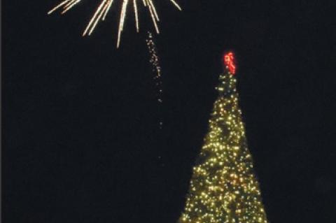 Fireworks explode over the giant Christmas tree Wednesday night at Snowman Wonderland,
